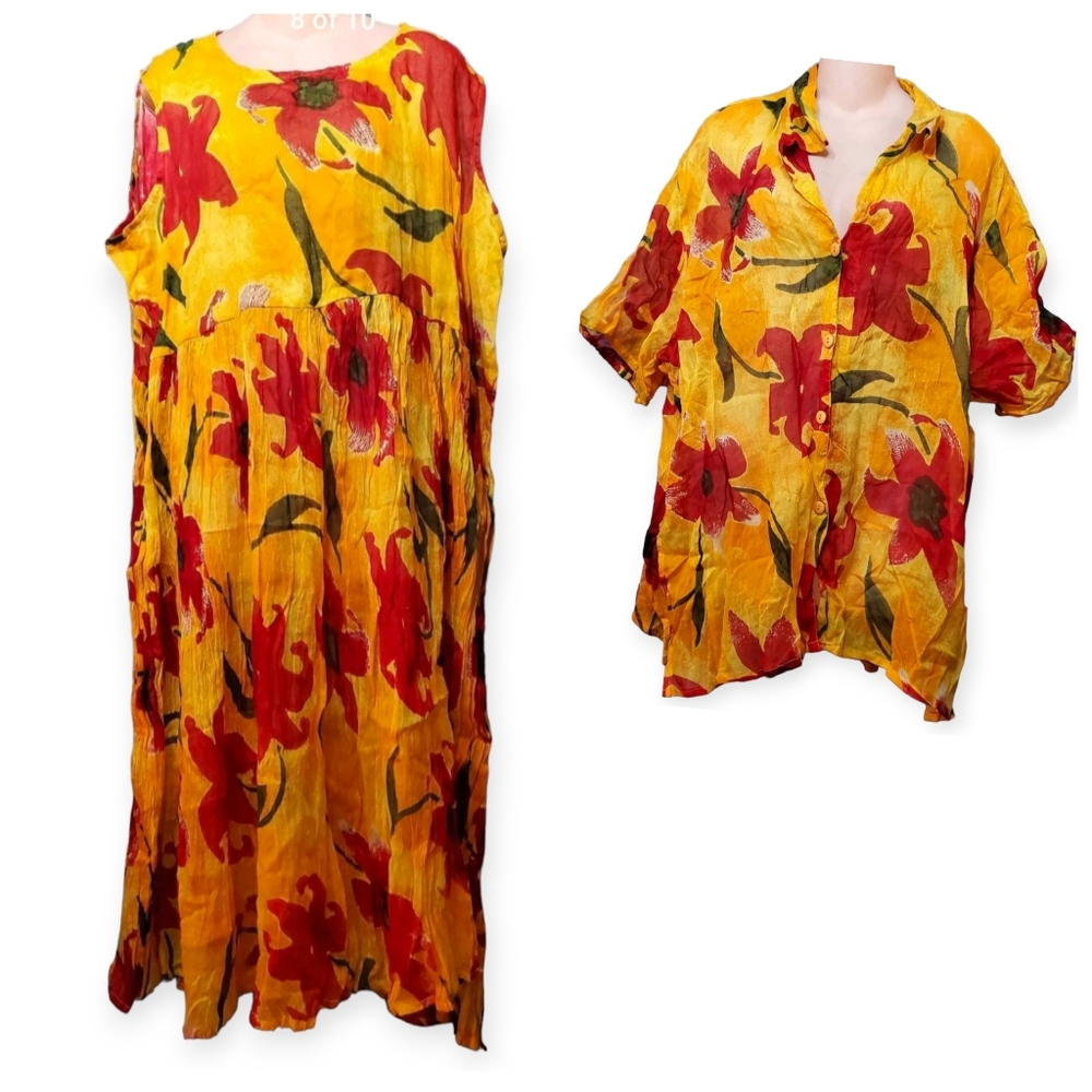 VTG Designs For Debbie Plus Cotton Hawaiian Floral Summer Dress & Shirt Twinset